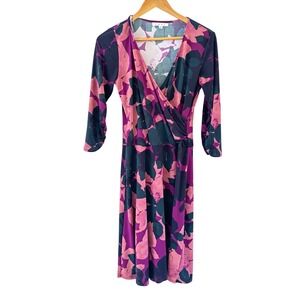 Cabi Floral Wrap Dress M Purple Pink Ruched 3/4 Sleeve Preppy Retro Style #837